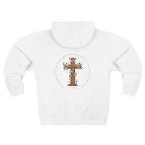 Deuteronomy 10:21 "He is the one you praise; he is your God, who performed for you those great and awesome wonders you saw with your own eyes." Christian Tree with Flowers Cross Zip Hoodie